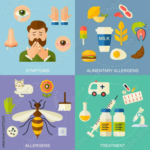 Allergy symptoms and treatment vector square illustration. The most common allergens icons set, flat style. Medicine and health symbols. Medical background.