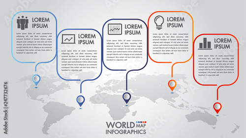 World map business infographics 5 step options vector illustration and design template with pointer marks.Can be used for communication connect, workflow layout, banner, diagram, number, web design.