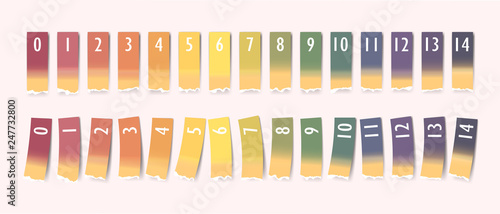 Ph value measuring using indication or test paper strips of different colors correspondingly to alkalinity, neutral or acidity levels, vector ph scale template, pOH and pH test illustrations