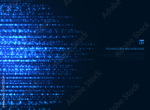 Abstract technology blue magic sparkling glitter particles lines on dark background.