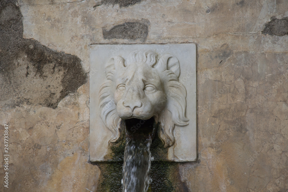 Lion face water fountain close up of the dragon channel in Bardini Garden. Florence, Italy.