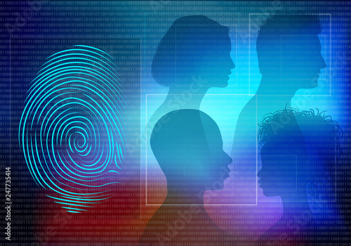 Biometric electronic system for identity identification. Background with faces of people man and woman in profile silhouette and fingerprint