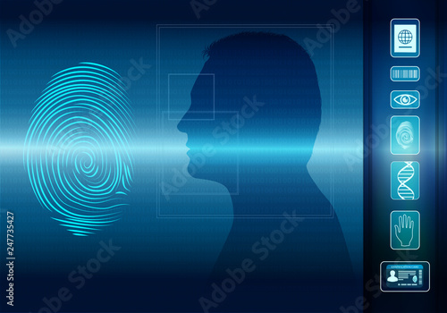 Biometric electronic system for the identification of individual identity. Fingerprint scan. Face of man in profile silhouette. Icons Id-eye-barcode-dna-passport