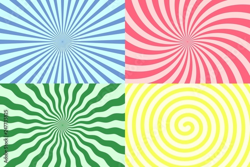 Set of vector swirl and radial backgrounds. Spiral stripes in retro pop art style