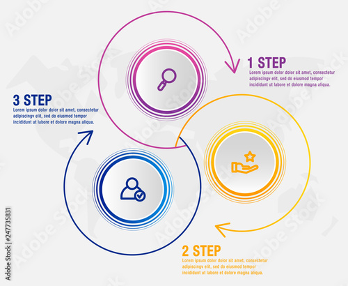 Modern vector illustration 3D data visualization. Infographic circles template with three elements, arrows, icons. Designed for business, presentations, web design, interface, diagrams with 3 steps