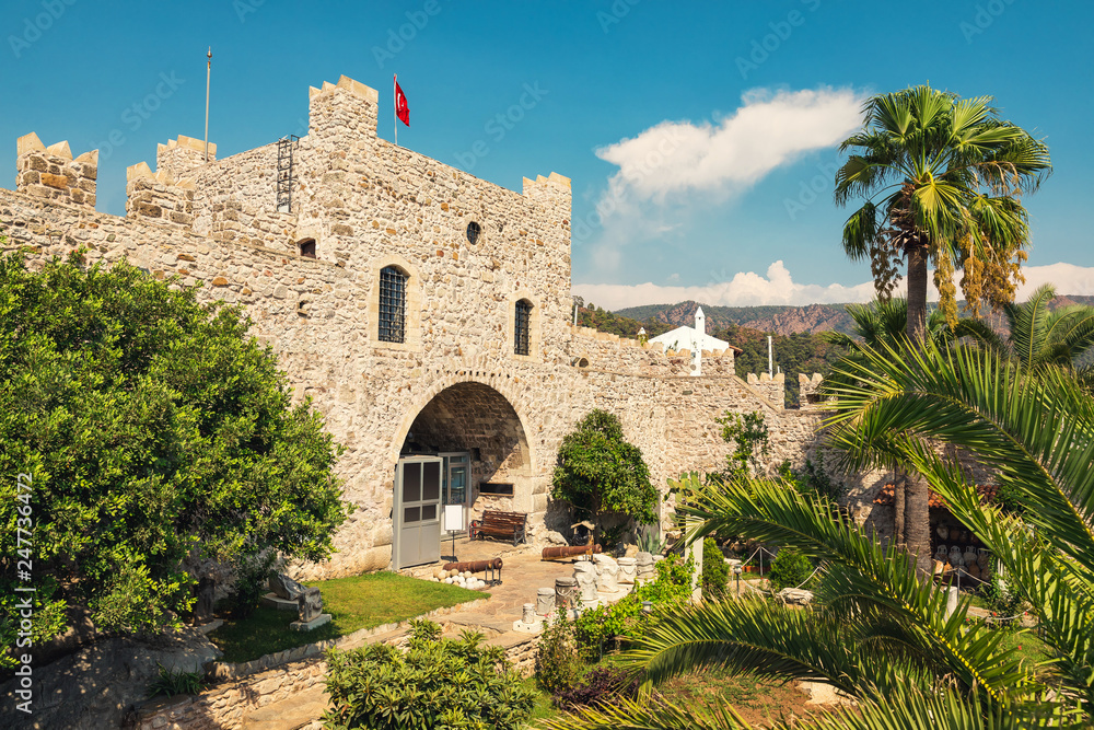Beautiful view of Old Castle in Marmaris Town. Panoramic view of the old fortress. Marmaris Castle is popular tourist attraction in Turkey.