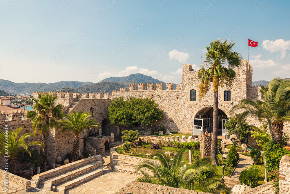 Beautiful view of Old Castle in Marmaris Town. Panoramic view of the old fortress. Marmaris Castle is popular tourist attraction in Turkey.
