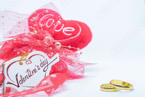 Valentines's day, heart card love and ring on white background.