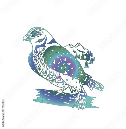 Color neon illustration of a psychedelic falcon in profile with a background of mountains and nature.