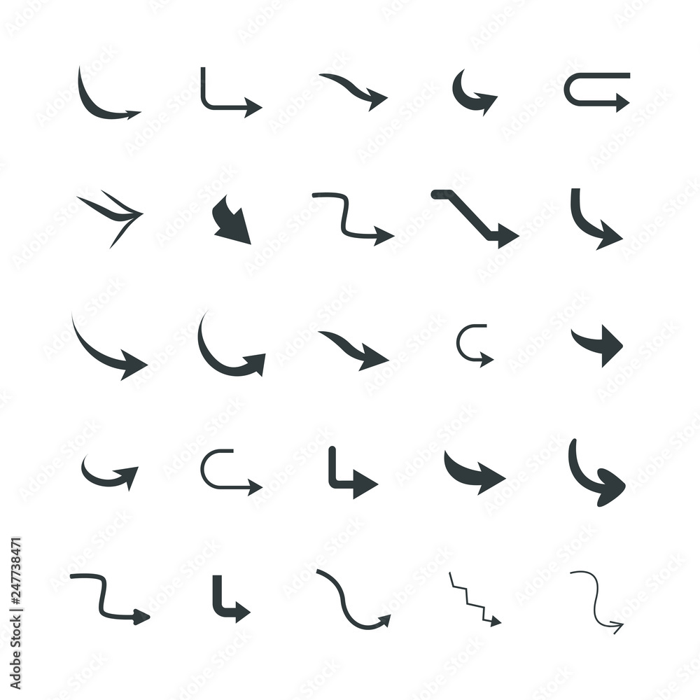 Isolated vector hand drawn arrows set on a white background. Curve arrow icons. vector Isolated vector hand drawn arrows set on a white background. Curve arrow icons. vector