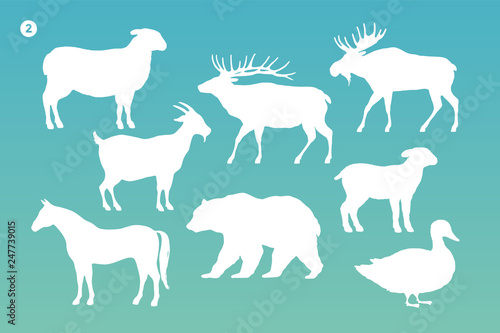 Animals silhouette set. White silhouette of animals