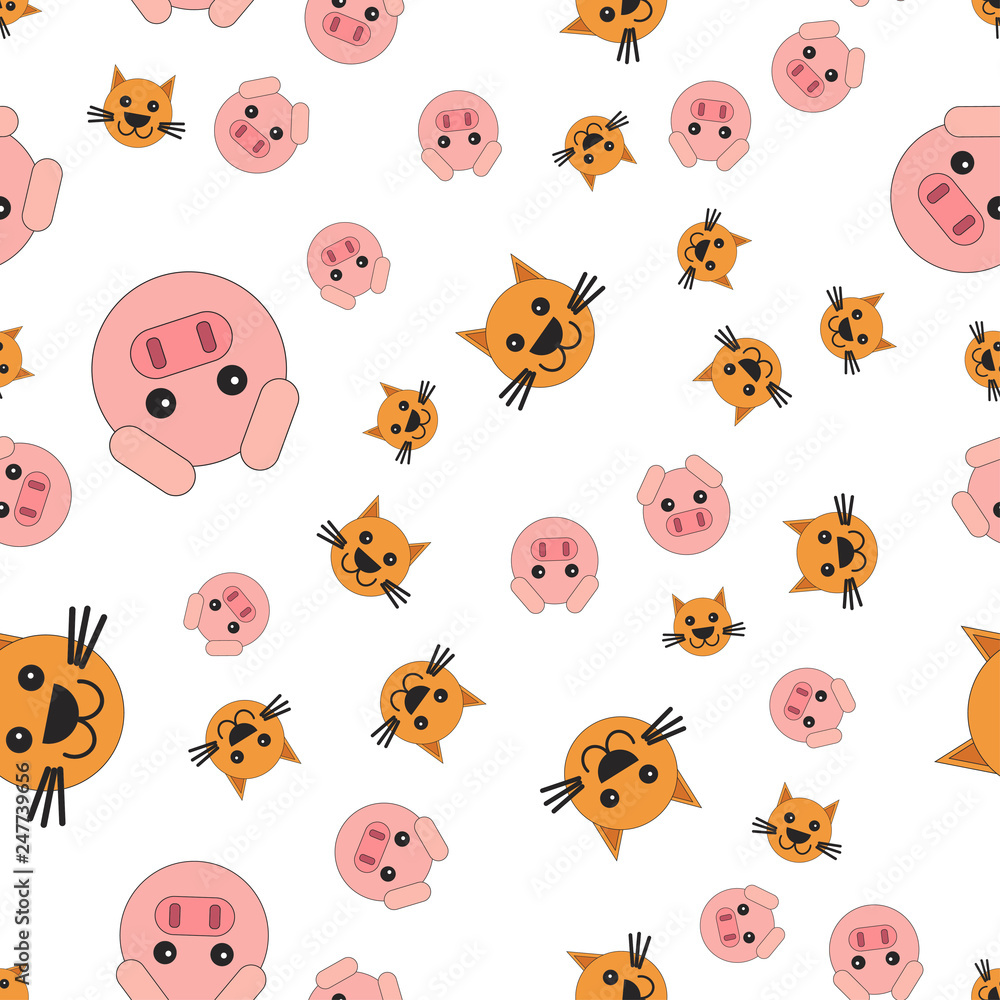 Fototapeta premium Seamless pattern of pig and cat heads.