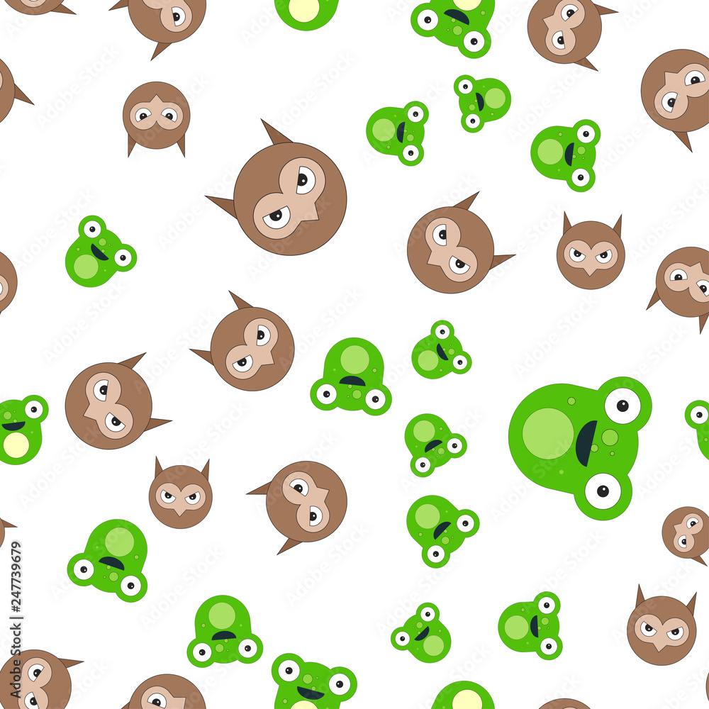 Obraz premium Seamless pattern of the head of a frog and owl.