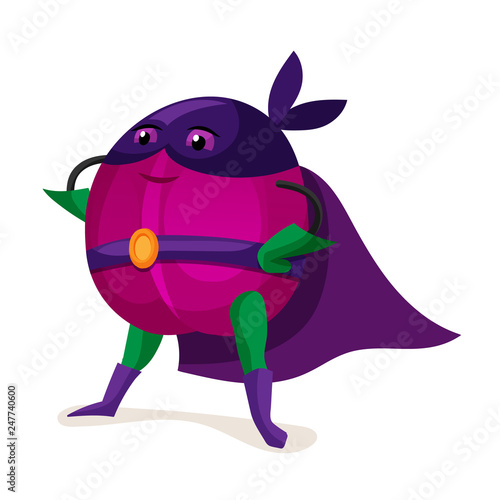 Cute foodplum in cloak of superhero and a purple mask.