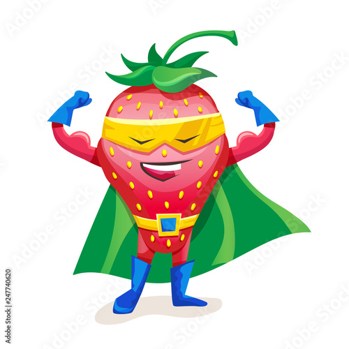 Cute strawberry in cloak of superhero and mask, showing strength.