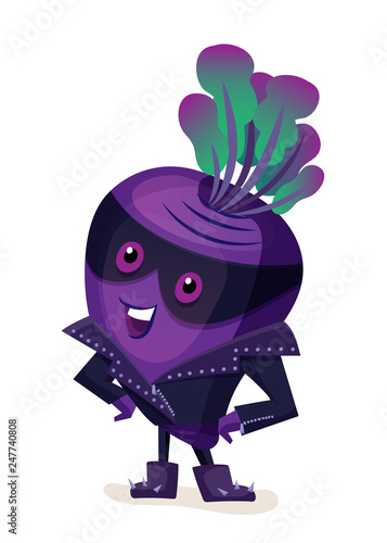 Cute food beet in leather jacket and mask.