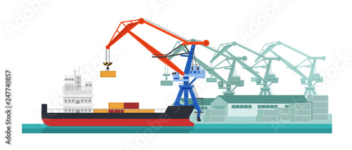 Cargo ship, water transport. Services for transportation, logistics services, delivery.