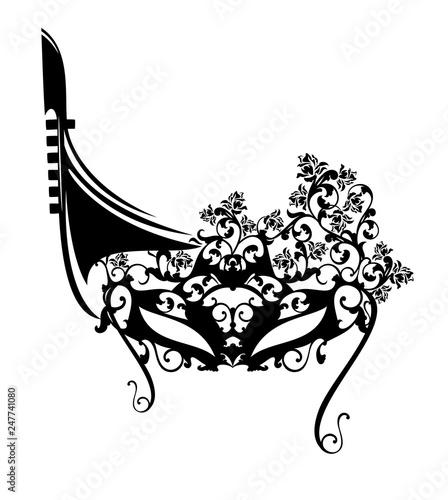 elegant carnival mask with rose flowers and venetian gondola boat - black vector silhouette design