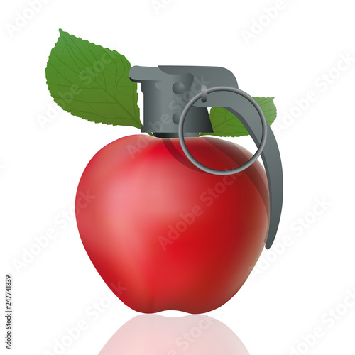 Concept de la crédulité et de la manipulation des fanatiques avec une grenade camouflée en forme de pomme rouge, symbole de l’appât.