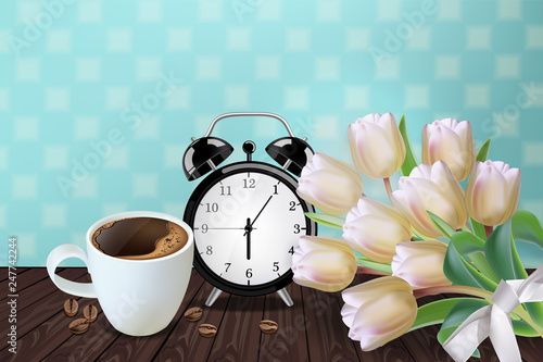Morning cup of coffee and allarm Vector realistic. Tulip flowers bouquet and ...