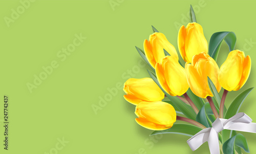Yellow tulip flowers bouquet Vector realistic banner. Spring season template ...