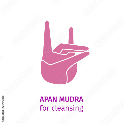 Element yoga Apan Vayu mudra pink hand. Vector illustration on a white background for a yoga studio, spa, postcards, souvenirs. Yoga hands, gestures for health and energy, for cleansing