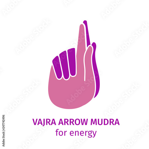 Element yoga vajra arrow mudra hands. Vector illustration for a yoga studio, spa, postcards, souvenirs. Pink hand and purple hand in gesture of colorful hands in meditation, on a white background