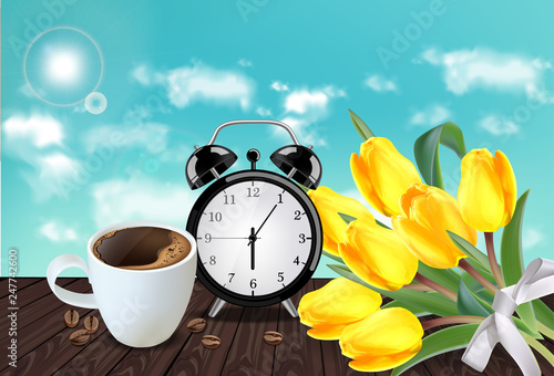 Morning cup of coffee and allarm Vector realistic. Tulip flowers bouquet. Spr...