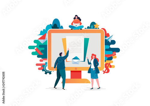 People fill out a form. Online application. Flat cartoon character graphic design. Landing page,banner,flyer,poster,web page