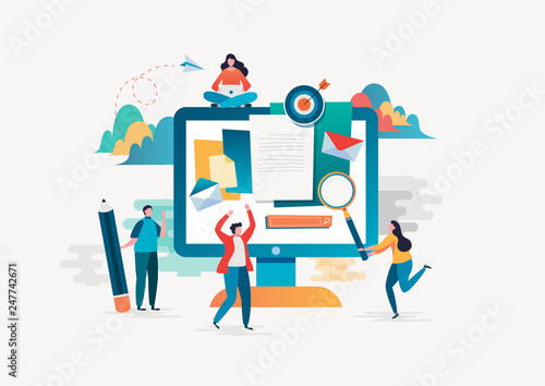 People fill out a form. Online application. Flat cartoon character graphic design. Landing page,banner,flyer,poster,web page