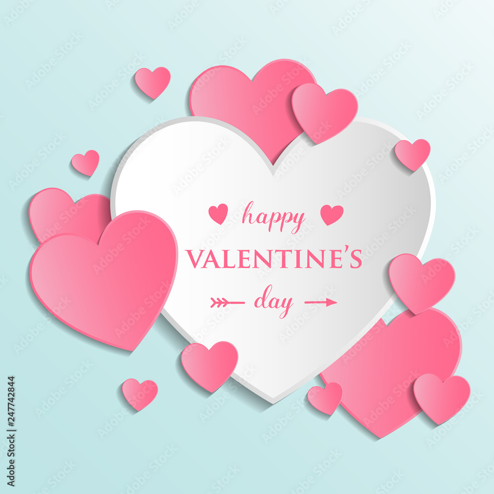 Beautiful greeting card with paper cut hearts for Valentine's Day. Love concept. Vector