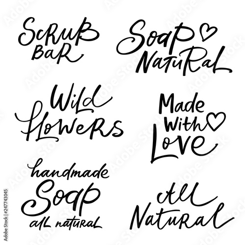 Handmade soap and scrub bar labels with handdrawn lettering