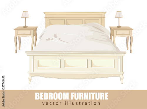 Classic bedroom furniture Vector watercolor. Interior design decorations temp...