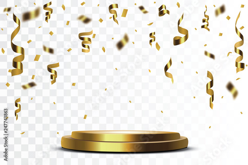 Pedestal with colorful confetti isolated on grey background. Vector illustration. Round podium. Winner concept