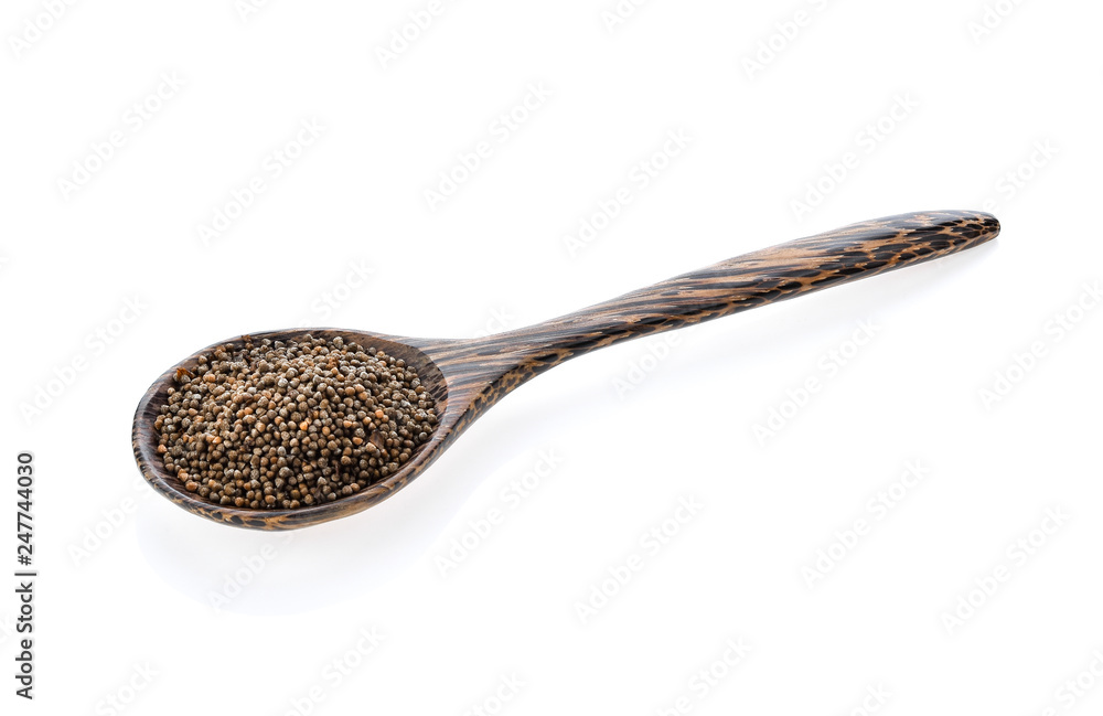 sesame in wood spoon isolated on white background sesame in wood spoon isolated on white background