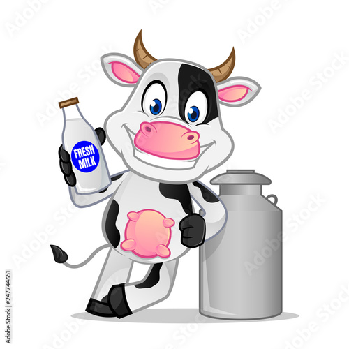 Cow leaning on milk can