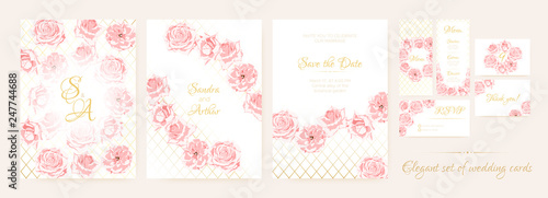 Wedding Cards Set with Delicate Pink Roses.