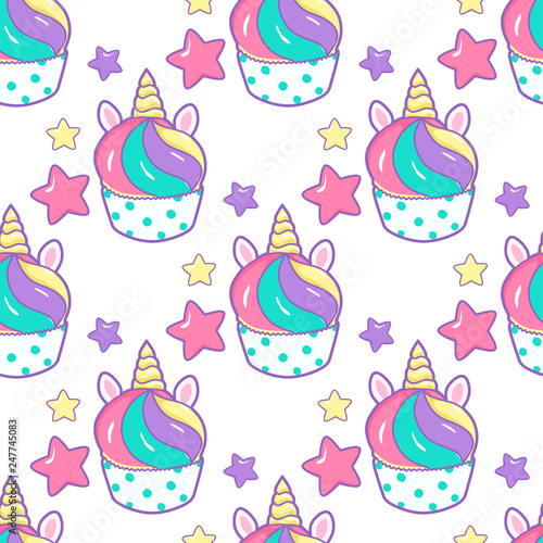 Cupcake unicorn kawaii magic food, seamless pattern