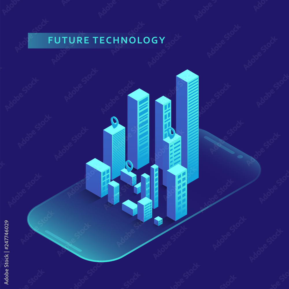 Smartphone with graphs in isometric design style on colored background. Graphic concept for your design.