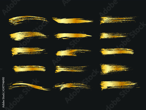 Set of golden paints, metalic gradient brush strokes, brushes, lines. Artistic design elements.