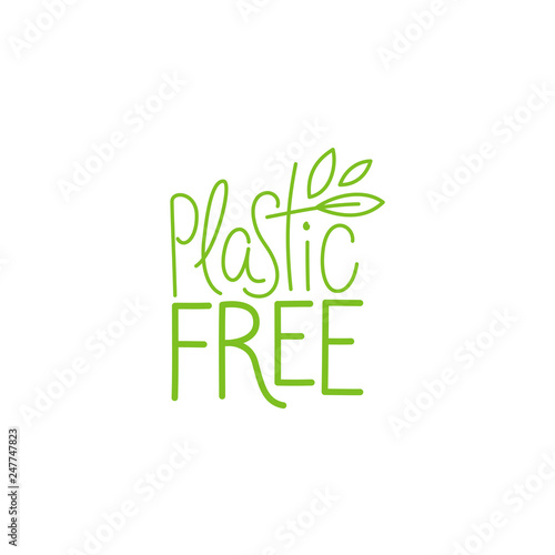 Vector logo design template and hand-lettering illustration in simple linear style - plastic free  - zero waste concept