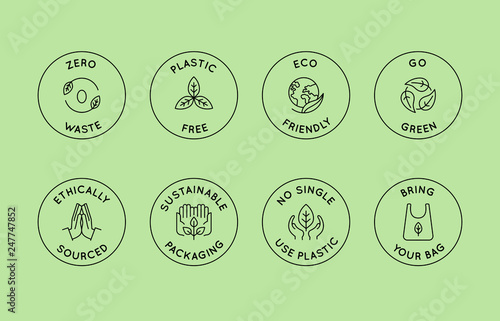 Vector set of design elements, logo design templates, icons and badges in trendy linear style - zero waste and plastic free concepts
