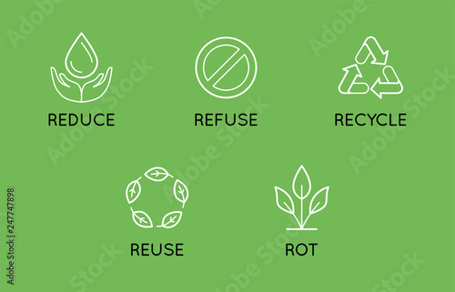 Vector set of linear simple icons - zero waste concept - 5 principles of sustainable and plastic free living - reduce, refuse, recycle, reuse, rot