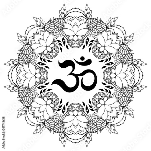 Circular pattern in form of mandala with ancient Hindu mantra OM and lotus flower for Henna, Mehndi, tattoo, decoration. Decorative ornament in oriental style.