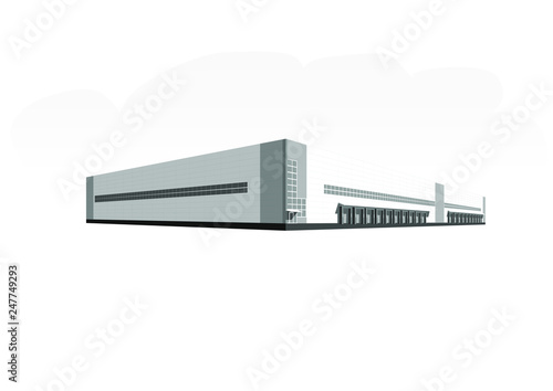 Warehouse in grey color and grey sky background