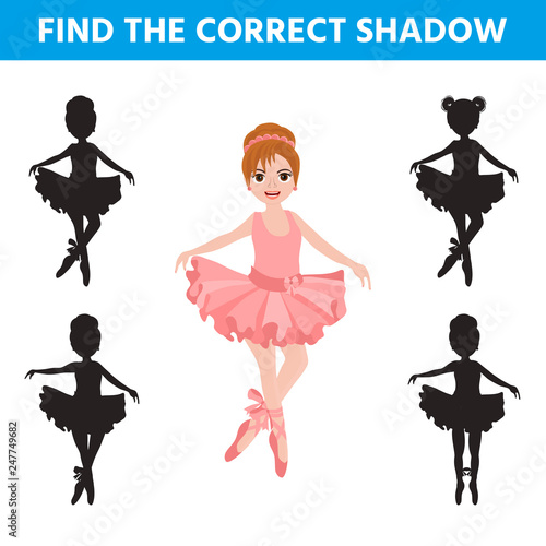 Cute little ballerinas in pink tutu, bows and ballet shoes. Find the correct shadow. Educational matching game for children. Game tasks for attention.