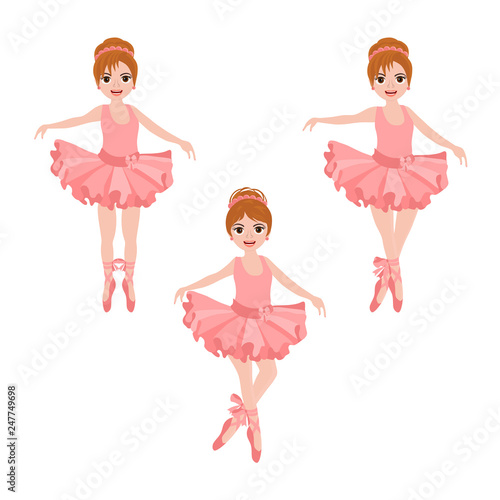 Vector set with cute little ballerinas in pink tutu, bows and ballet shoes. Vector illustration.