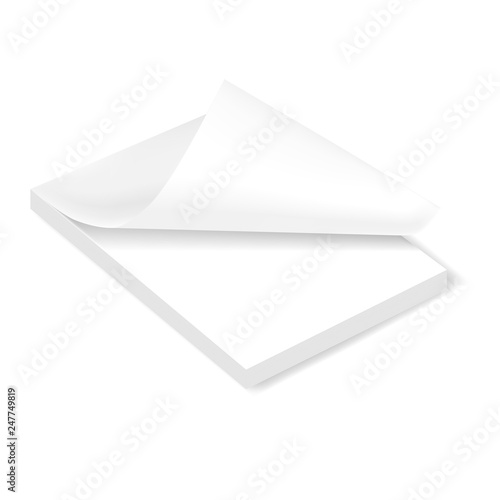 Paper stack with bent sheet, white notepad with page curl - mockup