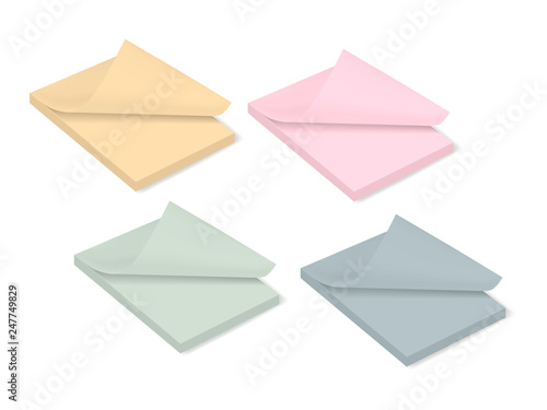 Colored sticky note pad set with bent sheet corner, vector template