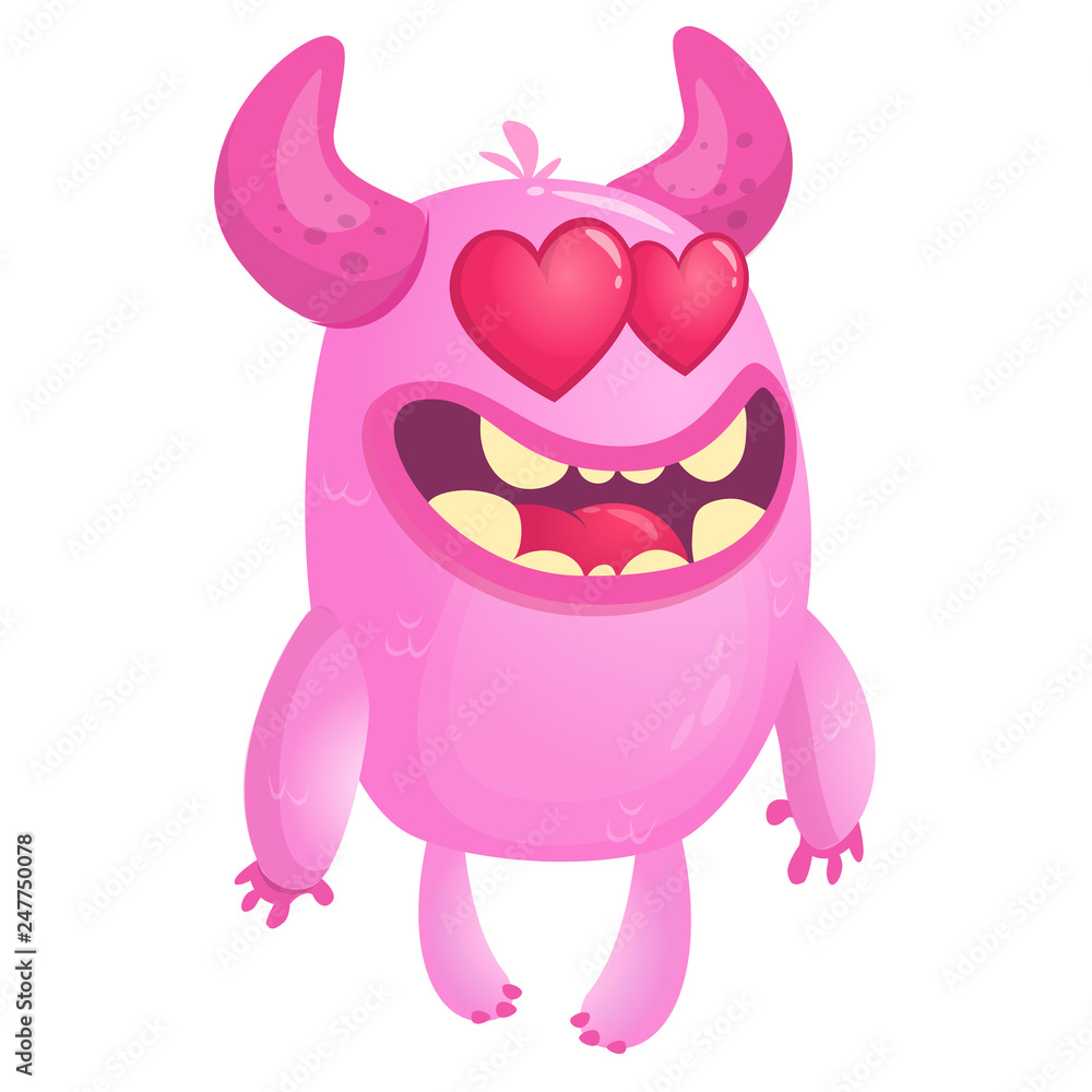 Fat and silly cartoon pink monster in love with heart shaped eyes Fat and silly cartoon pink monster in love with heart shaped eyes